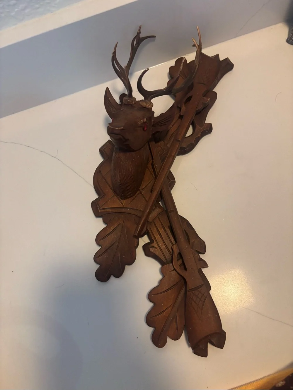 Vintage Carved Wood Deer Hunting Wall Plaque Rifle & Antlers Rustic Cabin Decor